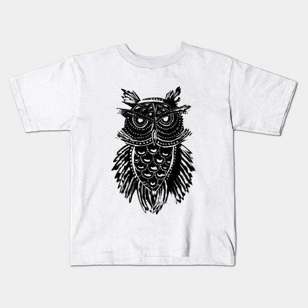 Black Tribal Owl Kids T-Shirt by ZeichenbloQ